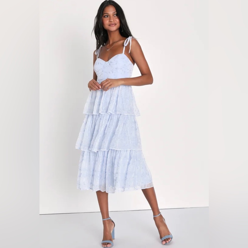 Lulu’s Vineyard Visit Blue Embroidered Tie-Strap Tiered Midi Dress